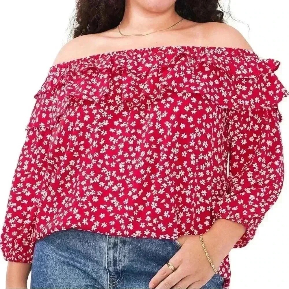 Vince Camuto Berry White Floral Off Shoulder Ruffle Sleeve Top 1X